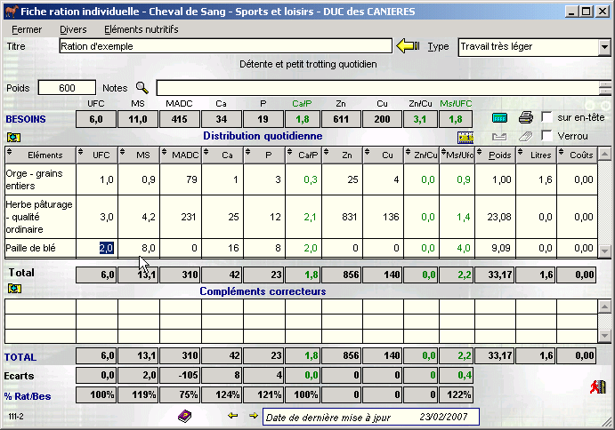 Ecran de préparation de la ration